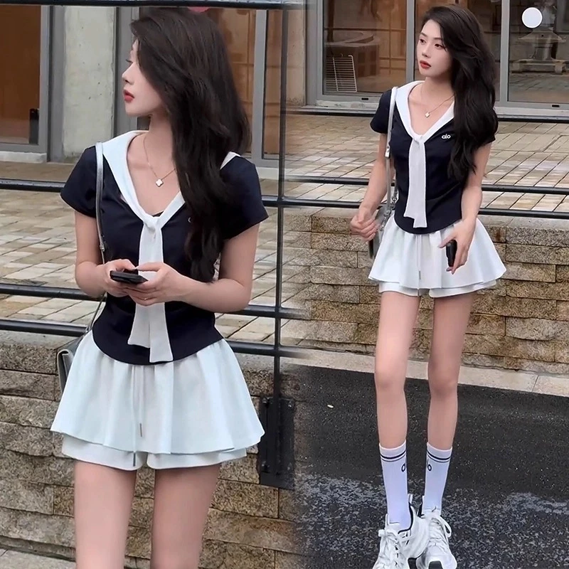 学院风刺绣小标韩版海军领短袖2025修身显瘦百搭ins潮流t恤套装女