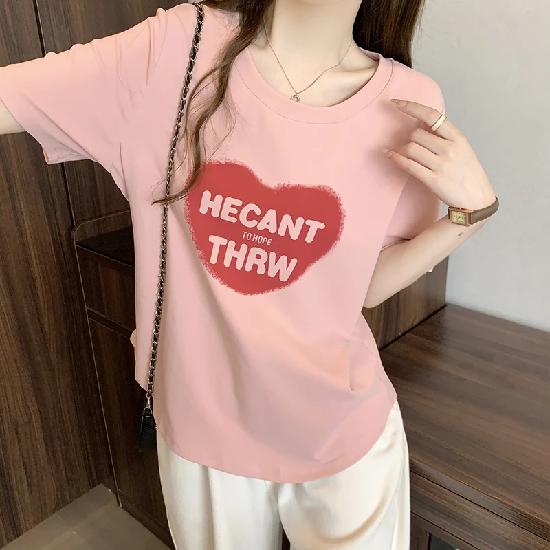 0525（33）夏装新款胖mm大码女韩版简约圆领爱心印花字母短袖T恤