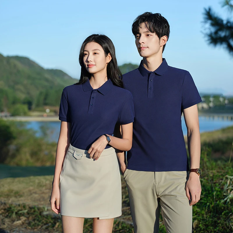 富士棉纯色翻领男女同款舒适简约百搭休闲T恤上衣夏季运动情侣