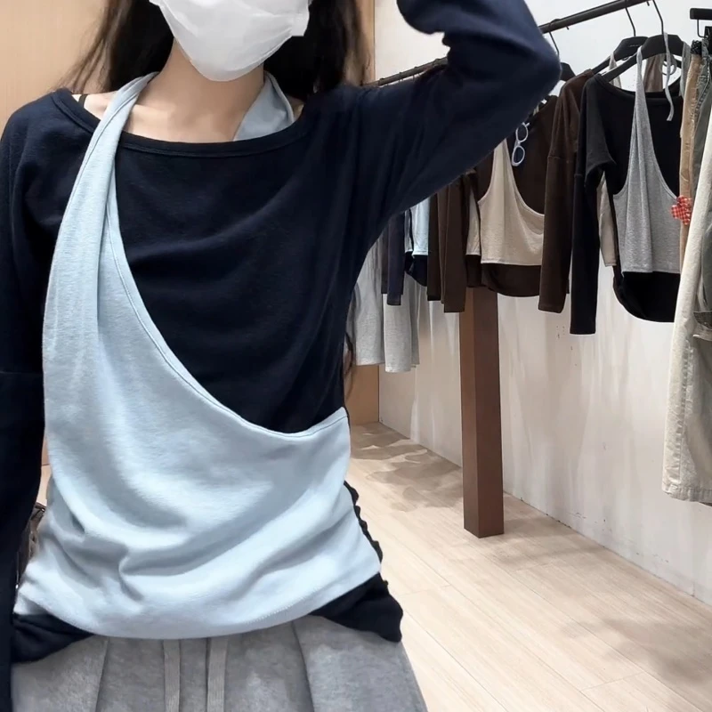 拼色焦点～小众系带挂脖上衣拼色假两件长袖T恤LK2505922