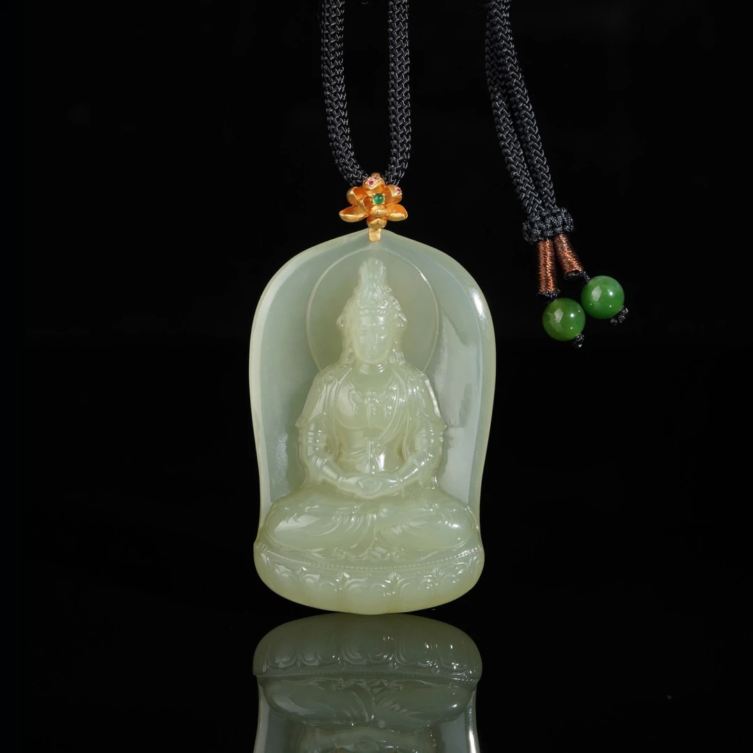 【鹿鸣】18k金和田玉冰胶老料观音吊坠 50*30*11mm含绳子 Z09