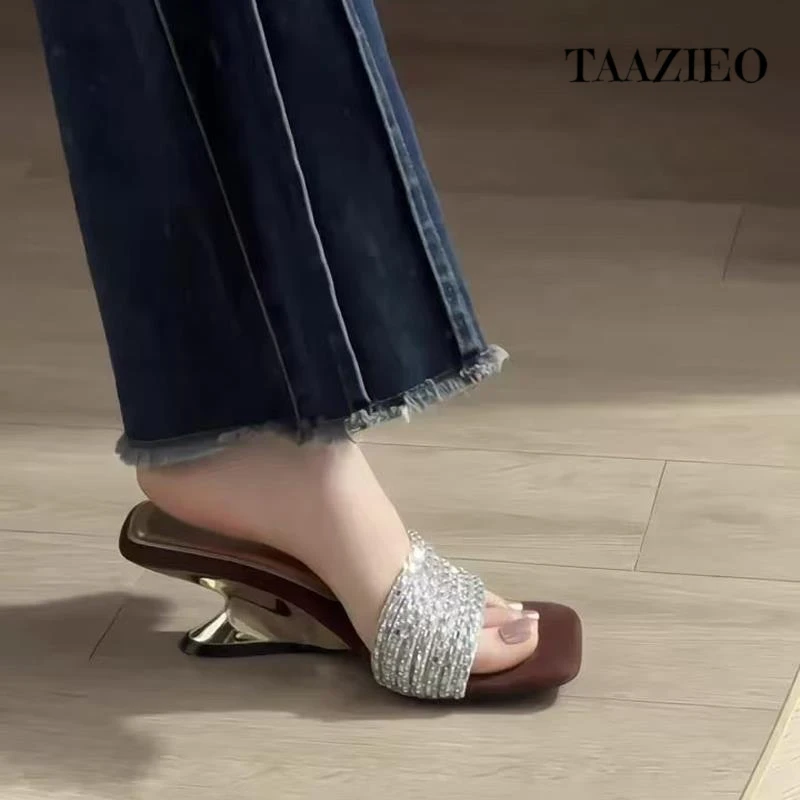 TAAZIEO法式绝美一字拖凉鞋女夏季外穿2025新款水钻带绒面气质高