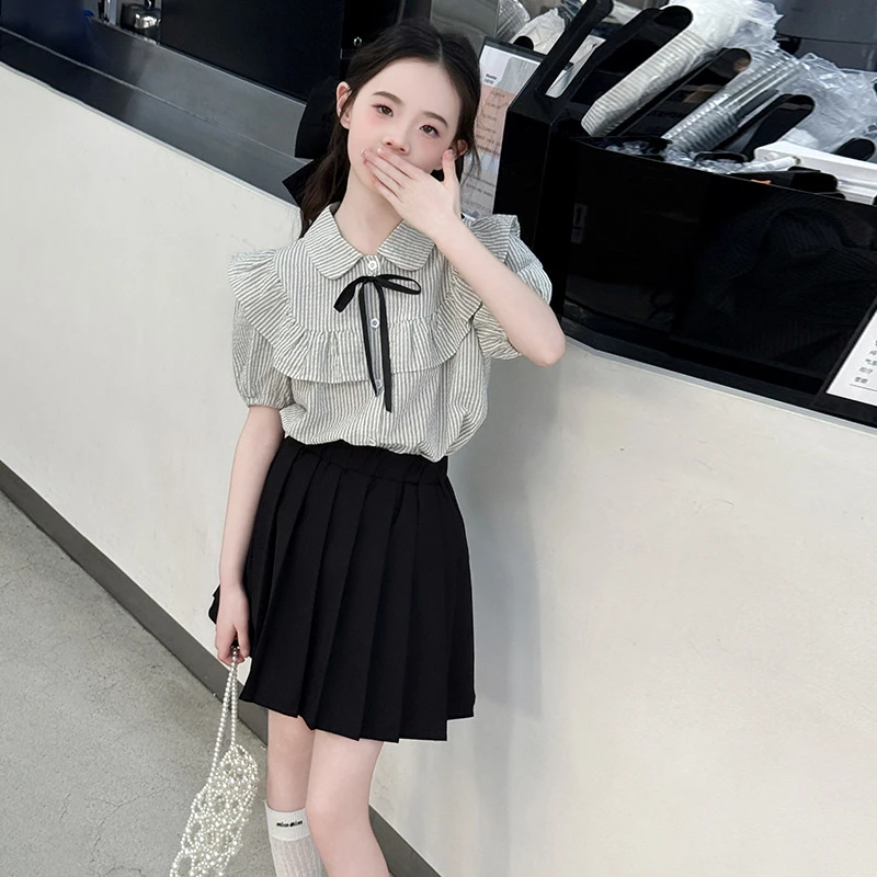 女童春秋款2025新款洋气中大童时髦洋气儿童学院风衬衫JK裙套装