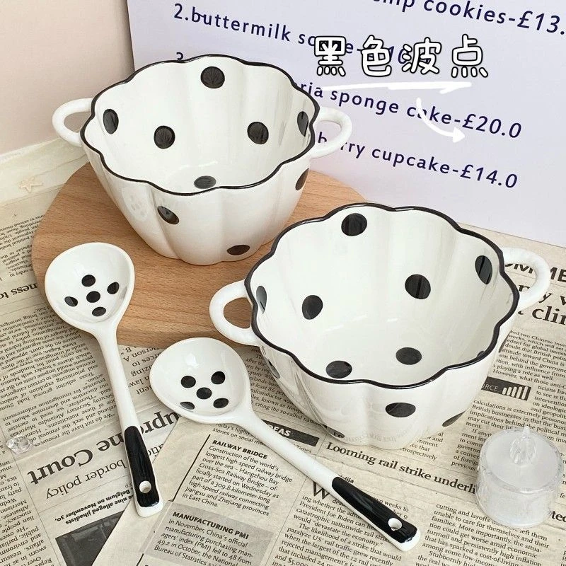 赫本风波点双耳汤碗家用高颜值大号陶瓷面碗饭碗大碗螺蛳粉碗g