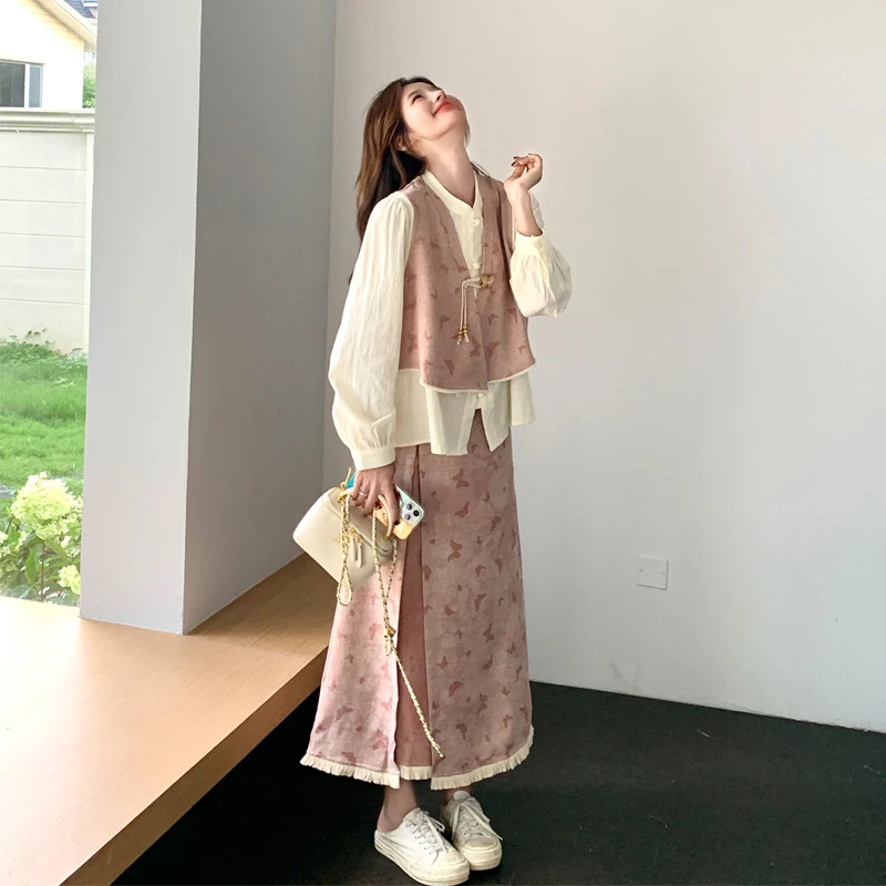 新中式蝴蝶提花马甲衬衫半裙2025春秋新款复古温柔优雅气质三件套