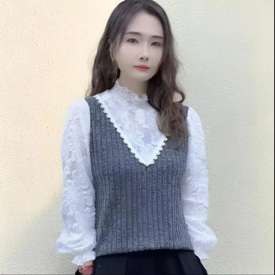 新款拼接蕾丝花边袖子假两件网红半高领小衫洋气长袖减龄打底衫