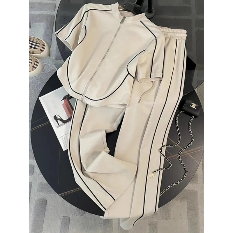 高端欧货休闲运动套装女夏2025新款时尚炸街开衫短袖阔腿裤两件套