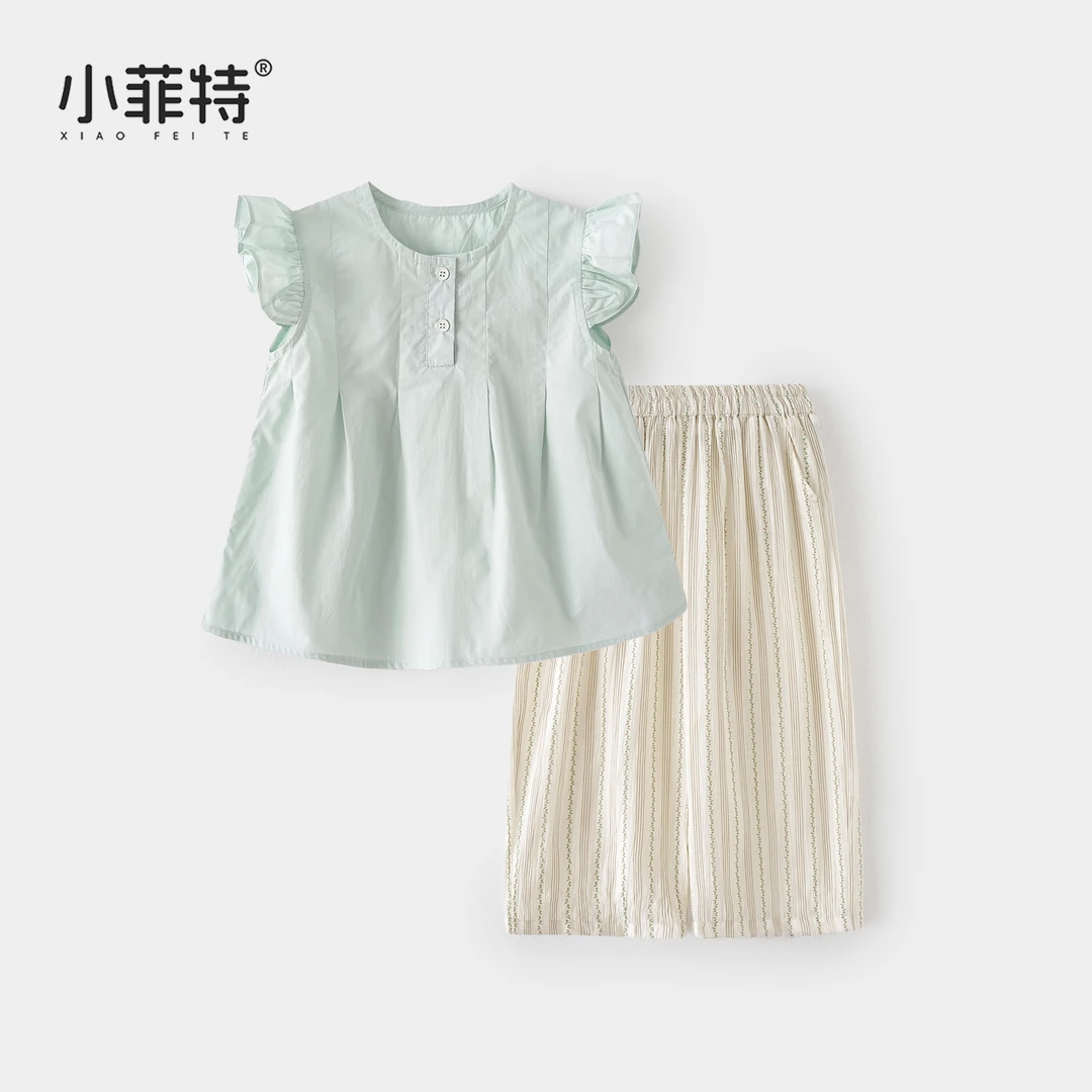 小菲特夏季新款女童休闲套装薄款女宝小飞袖衬衫两件套YNTX51748