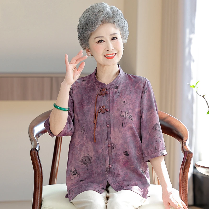 气质中老年人女装妈妈春夏衬衫印花中国风高档老人衣服奶奶装大码