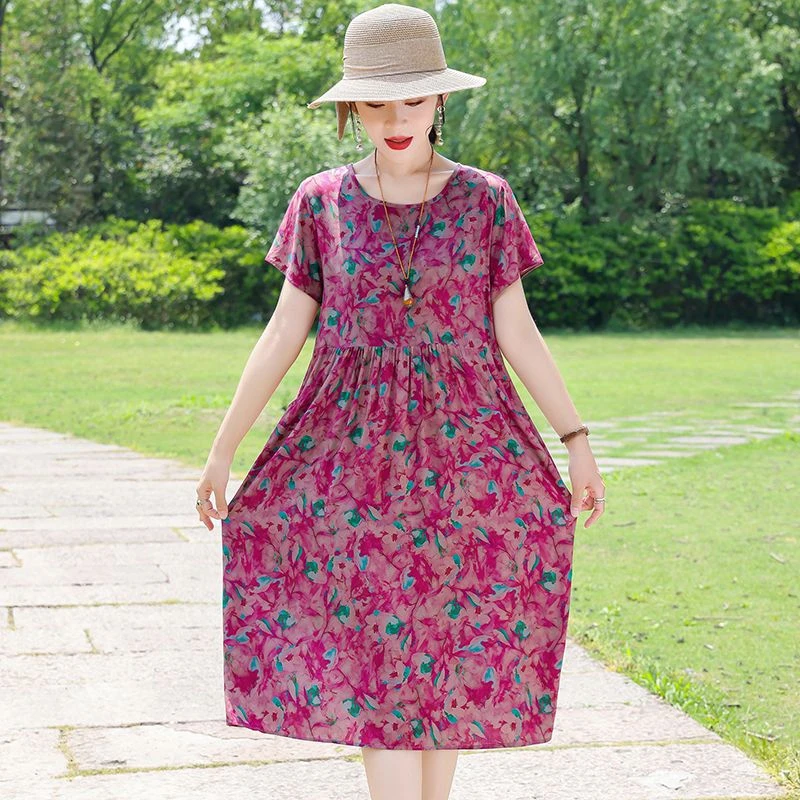 妈妈棉绸连衣裙夏季新款中老年女装短袖大码气质长裙中长款碎花裙
