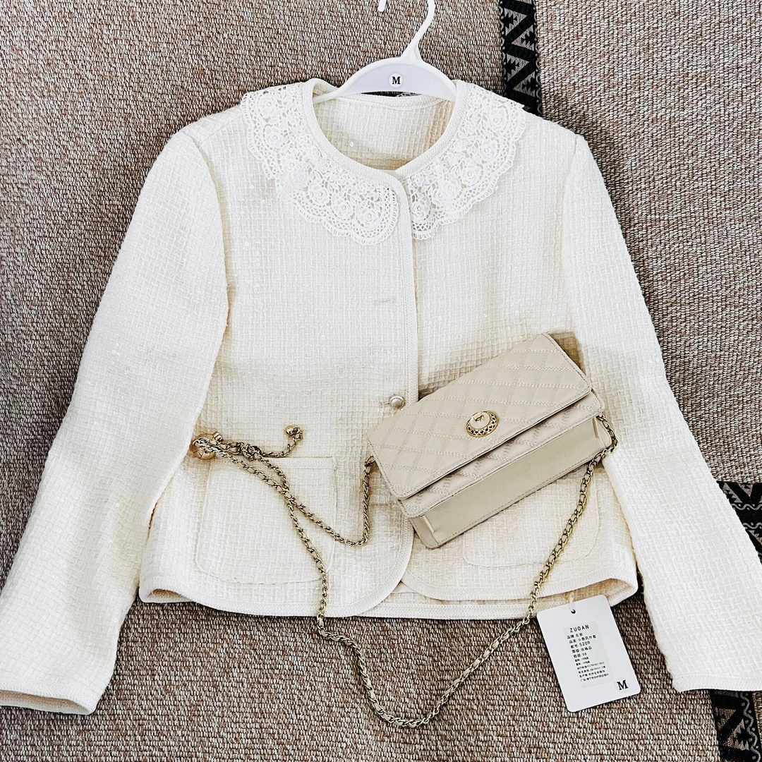 蕾丝边娃娃领小香风春秋季开襟圆领短外套女士上衣5209