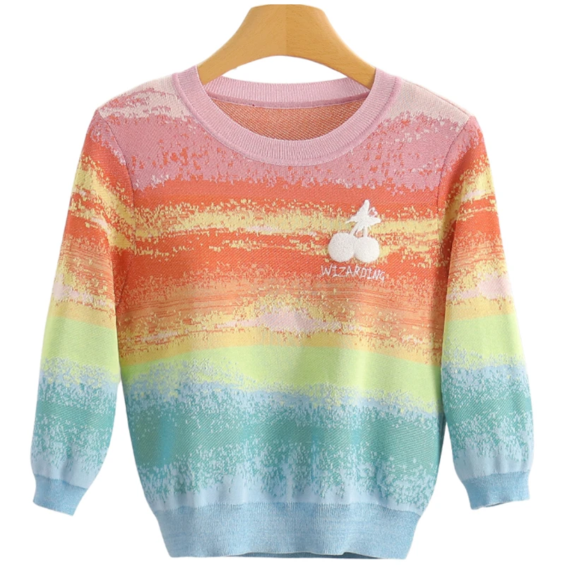 F2275-【尼】渐变色圆领修身短款套头针织衫#BKK56M002