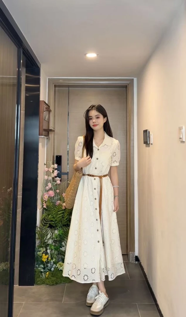 AN.XIN【白色茉莉】法式纯色镂空减龄连衣裙11568