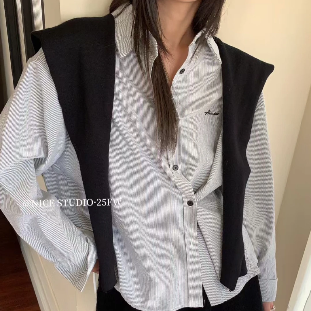 秋季新款韩系小众条纹翻领长袖衬衫搭配针织披肩女装