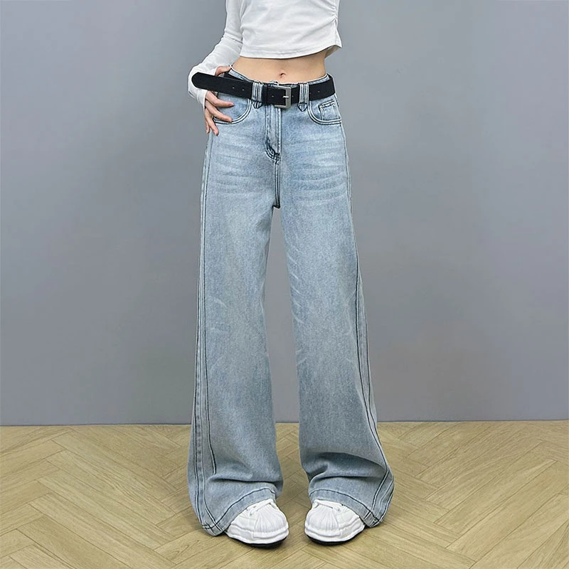 设计感水洗浅色牛仔裤女2025年春季新款高腰显瘦阔腿裤直筒拖地裤