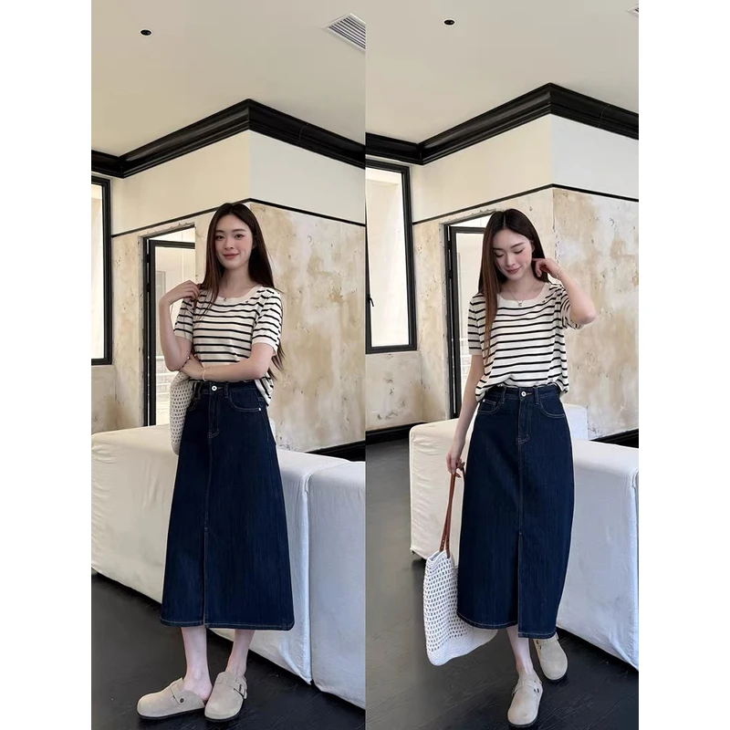 薇莎6285【现货】弹力普洗蓝前开叉牛仔中裙