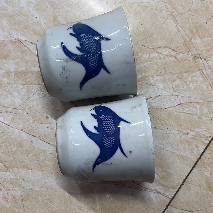 摆件陶2个200cc青花鱼纹杯