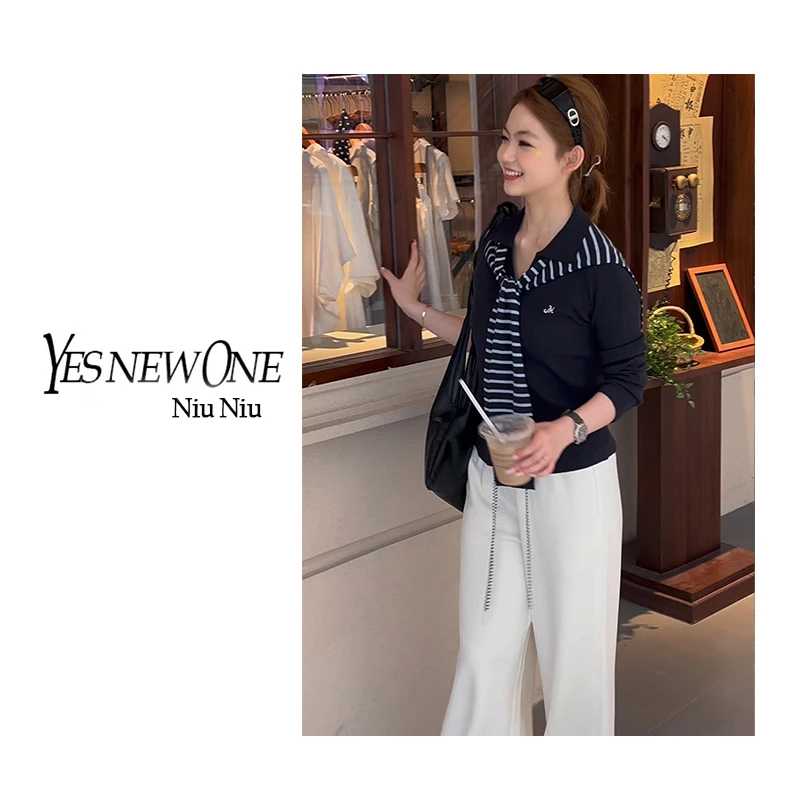 【浪漫书签】早秋翻领修身显瘦长袖针织衫搭条纹披肩时尚百搭上衣