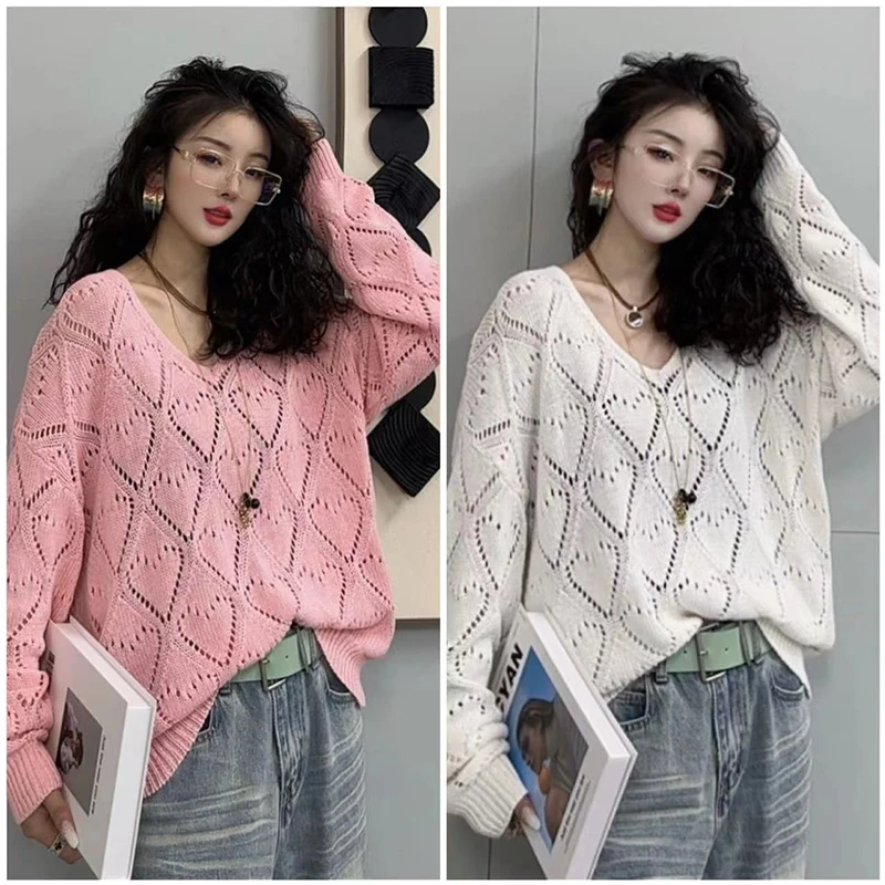 2025春季新款时尚气质针织衫女装韩系宽松镂空长袖毛衣上衣-5176