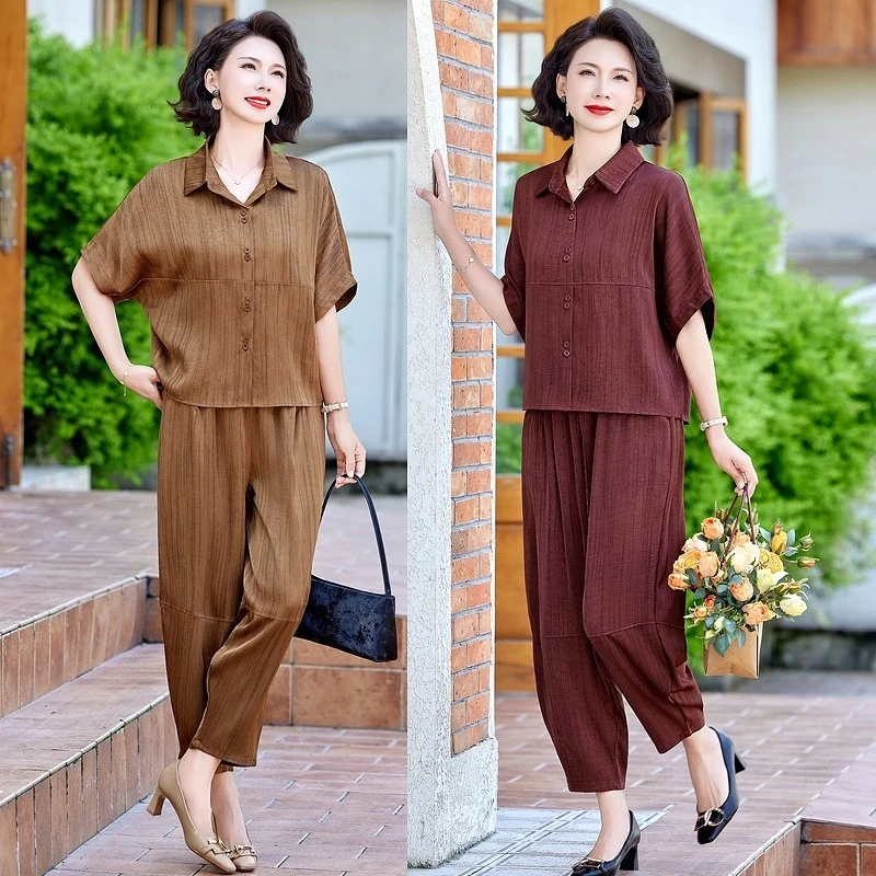中老年女装气质大码显瘦时尚休闲夏季复古宽松洋气百搭收腰套装