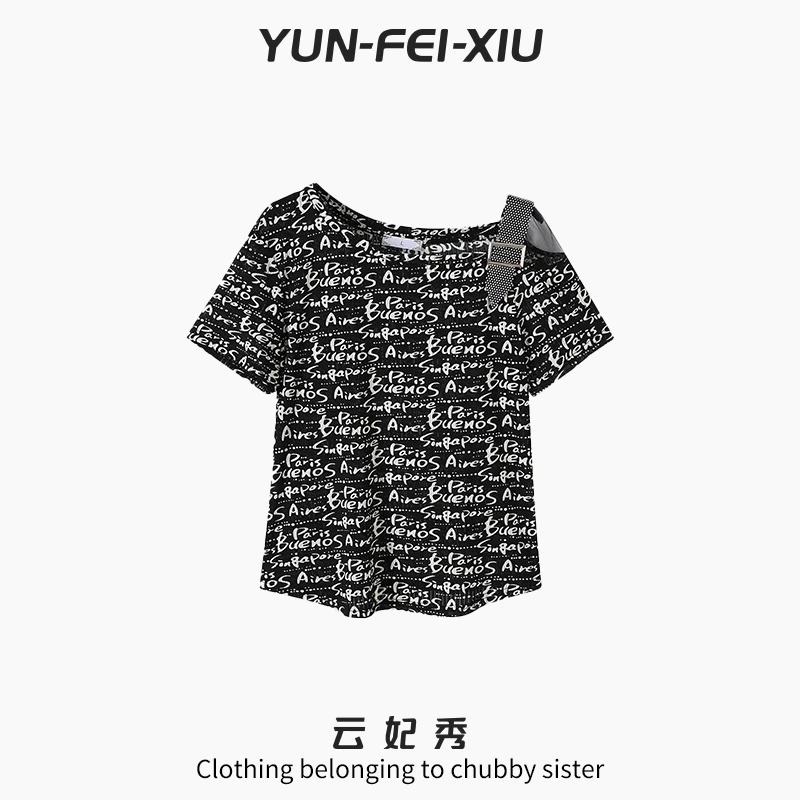 云妃秀大码女装T恤休闲时尚胖妹妹显瘦宽松韩版遮肉上衣夏季5043