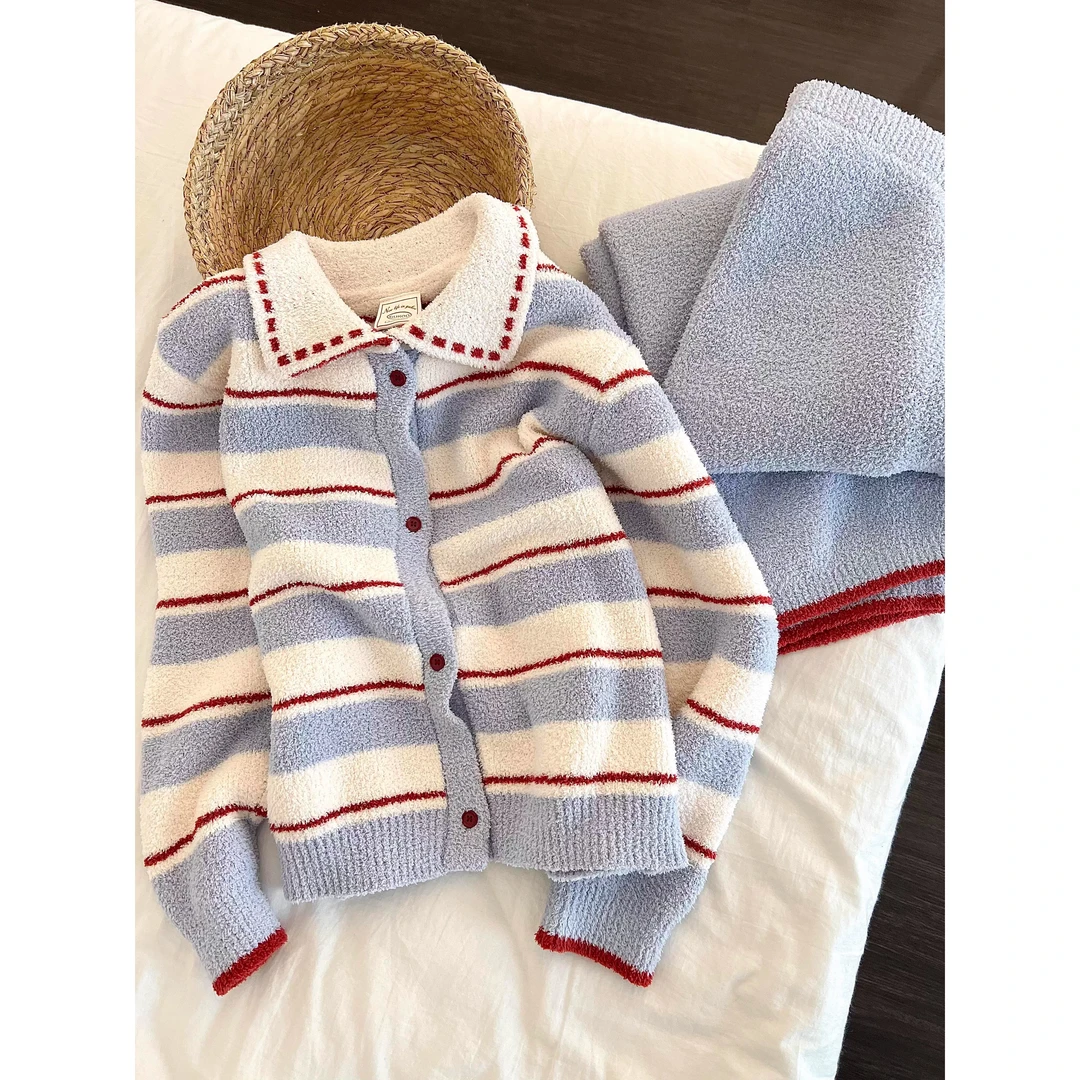 韩系简约撞色慵懒条纹半边绒睡衣冬季女款Polo领家居服套装可外穿