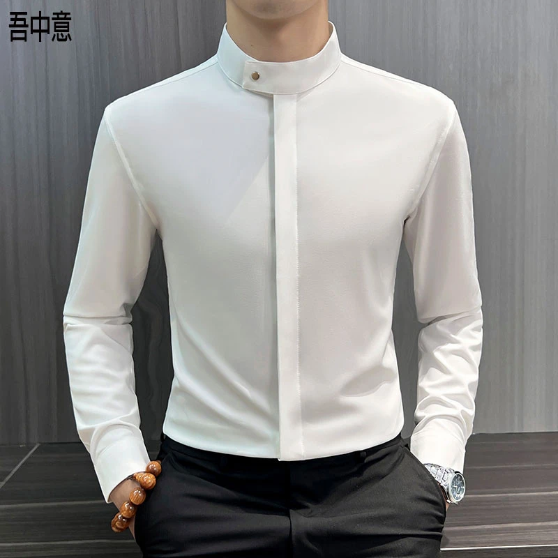 设计感搭扣男士衬衫长袖弹力修身春秋商务时尚百搭高级感暗扣衬衣