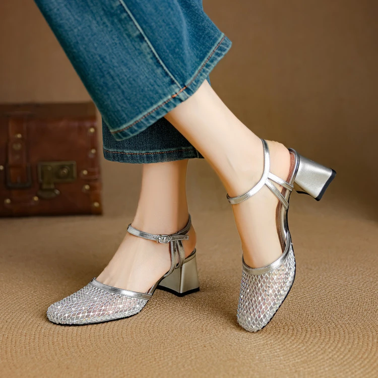 牛皮~6cm性感透气网纱高跟鞋2025夏季新款镂空水钻时尚气质凉鞋女