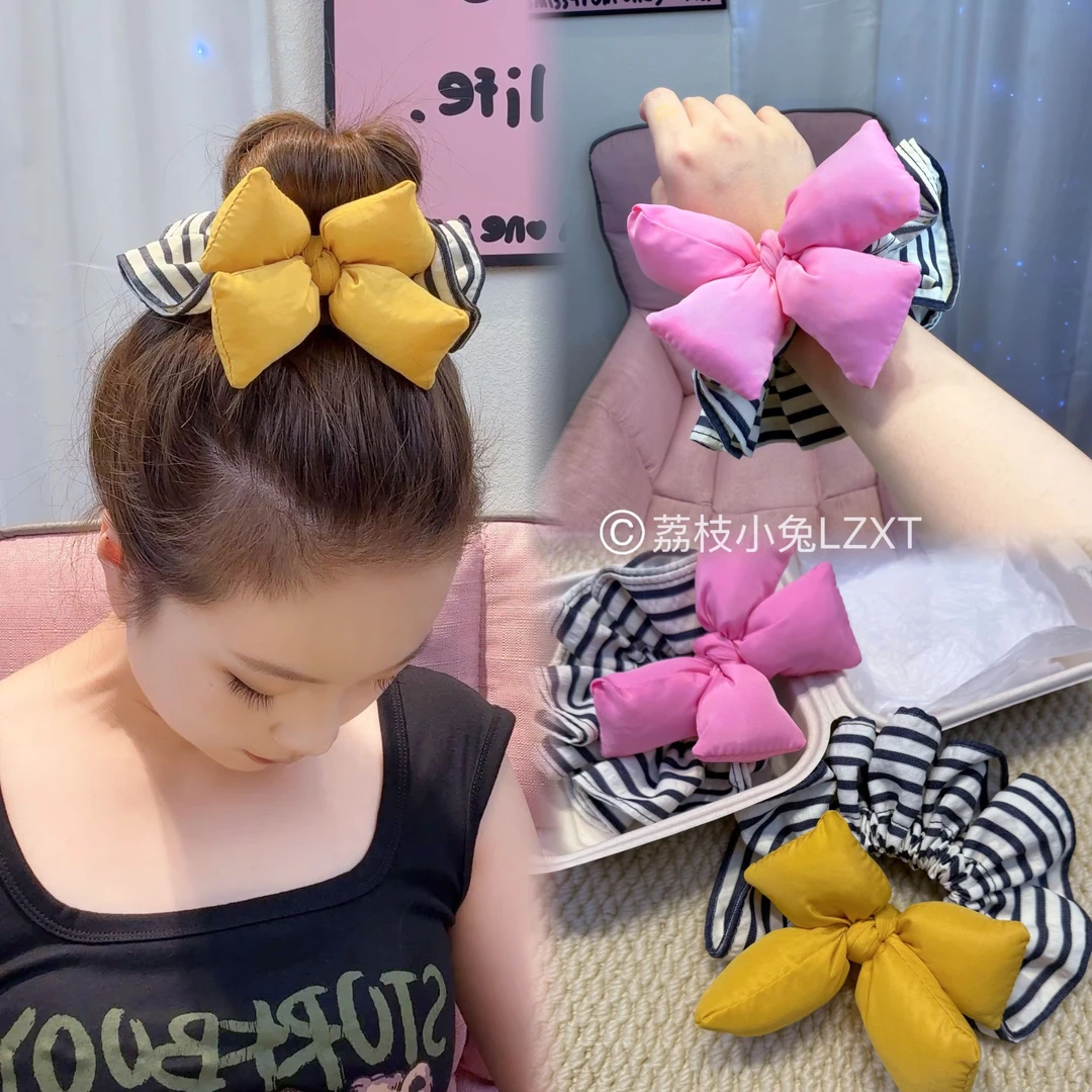 东大门新款柠檬黄蝴蝶结大肠发圈百搭条纹可爱少女心扎发头绳发饰