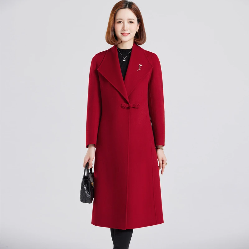 2025秋冬新款阔太太红色双面羊毛外套女中老年中长款过膝羊毛大衣