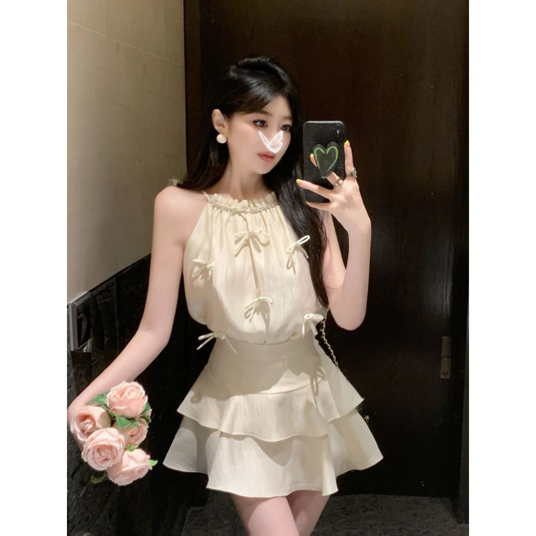 纯欲时尚气质女装上衣蝴蝶结镶钻挂脖缎面蛋糕裙两件套夏季