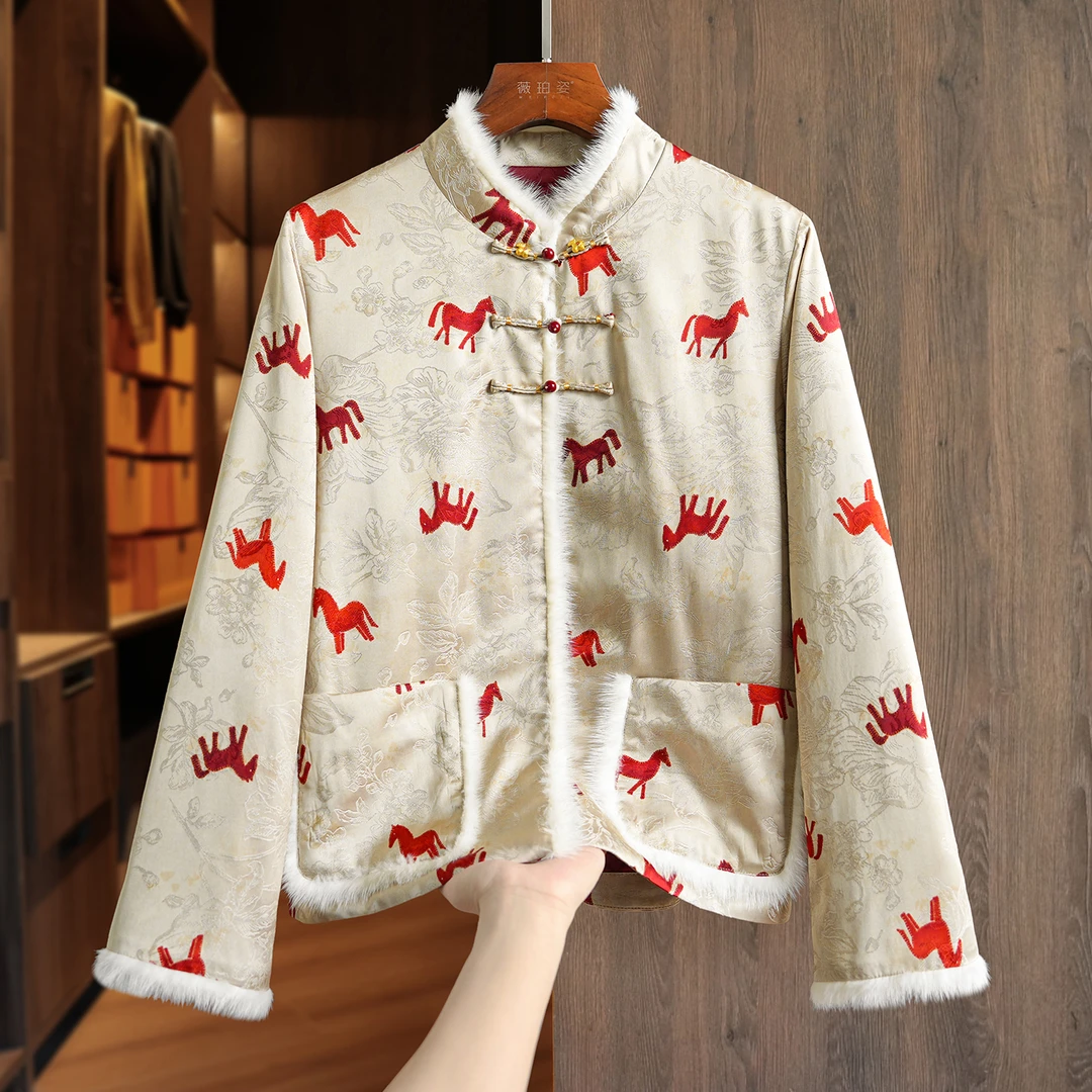 人丝香云纱水貂毛棉衣棉服女冬季年轻版拜年服新中式国风夹棉外套