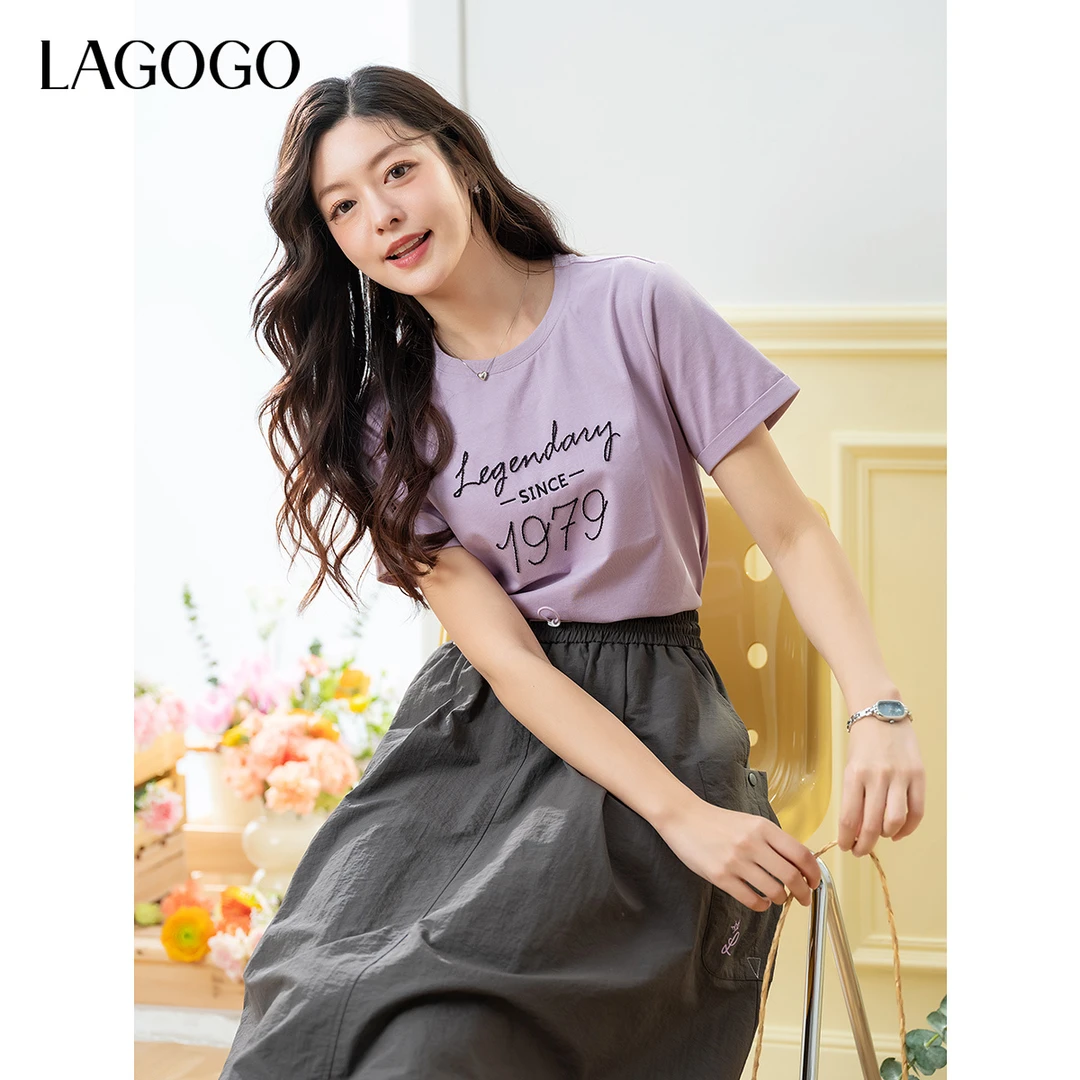 lagogo拉谷谷2025年新款圆领撞色字母显白T恤女OATT313G63