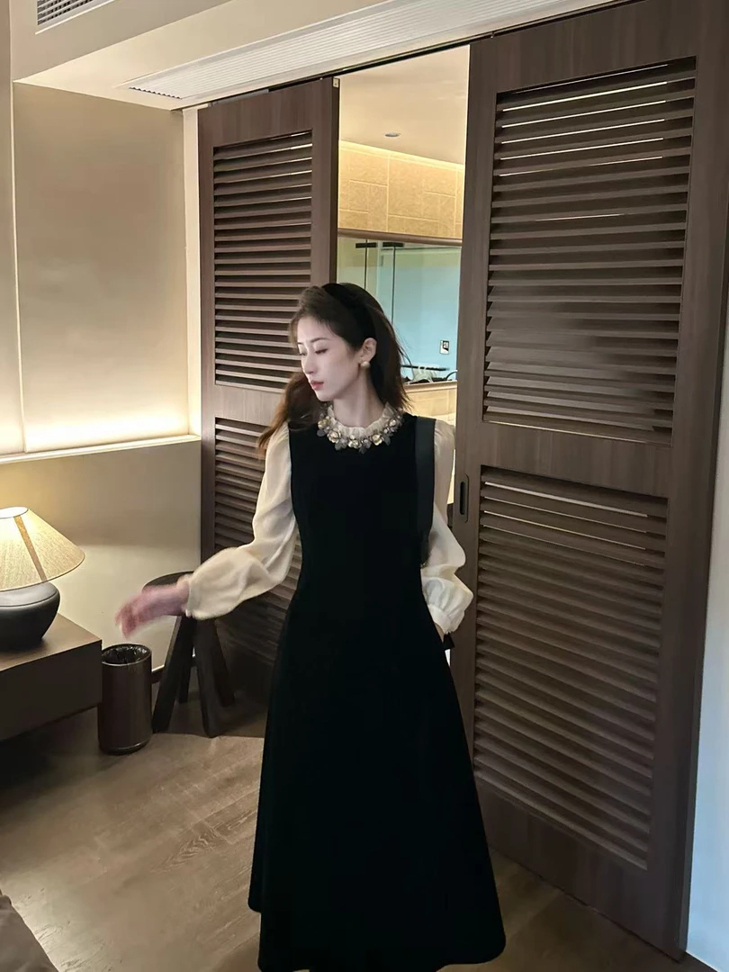 D113561M法式连衣裙赫本千金风长裙撞色立领小黑裙