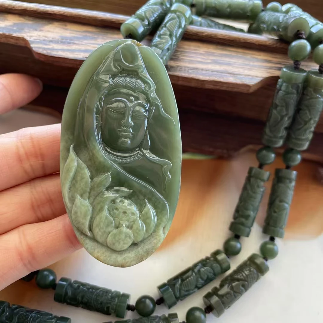河磨玉观音头挂件吊坠项链天然玉石手工雕刻全壳随形
