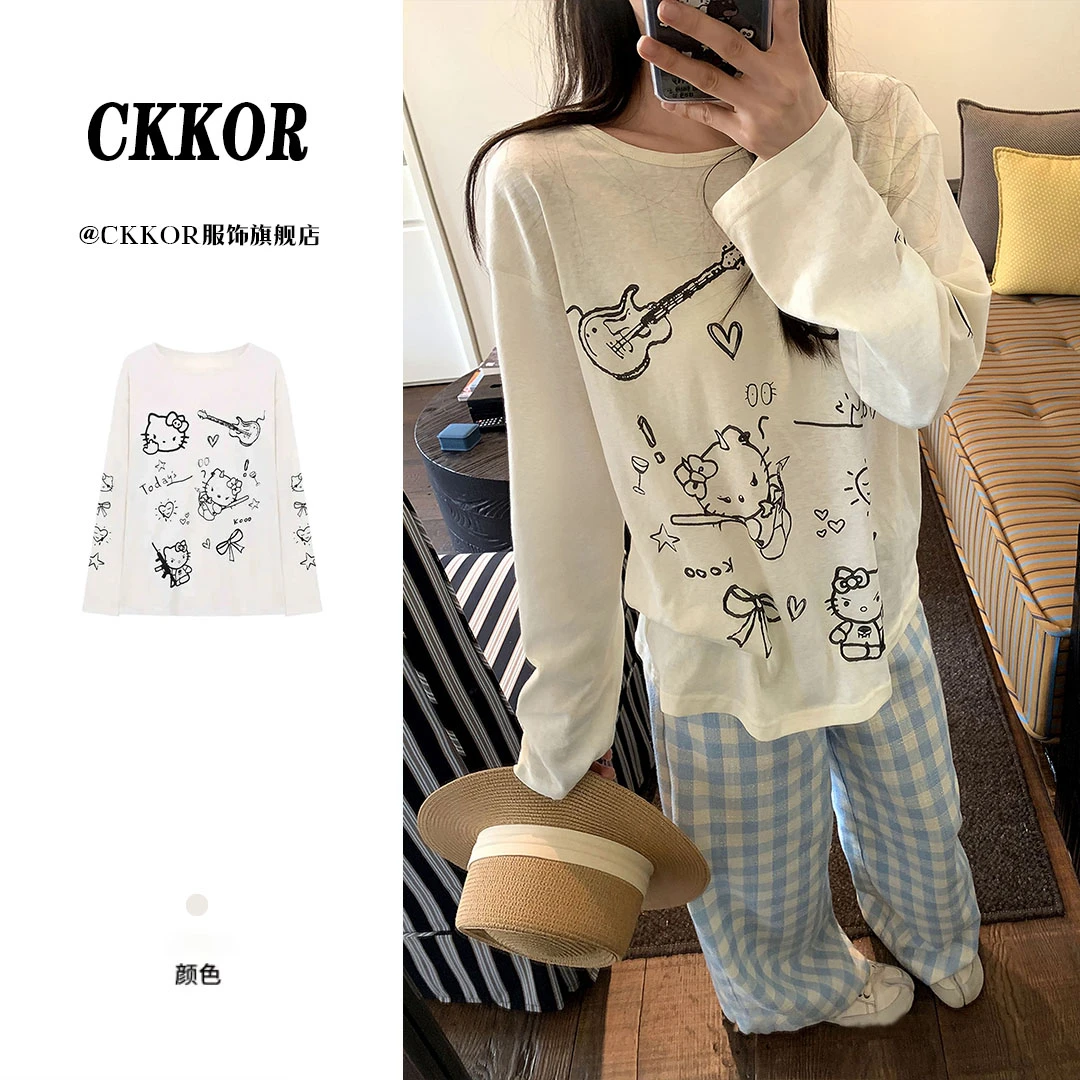 CKKOR夏季新款kitty猫印花防晒罩衫一字肩长袖T恤女宽松休闲上衣