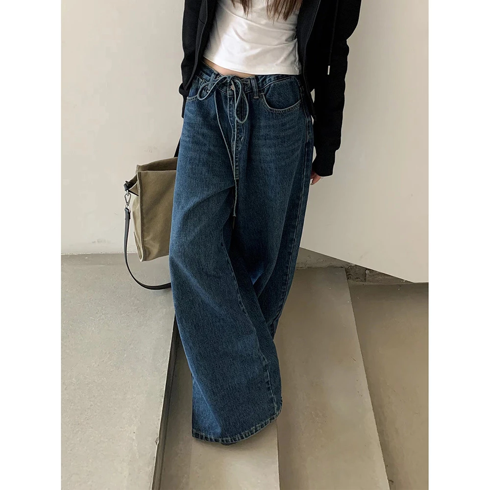 誉一新款2024春季慵懒风显瘦抽绳裤子夏季女宽松百搭阔腿牛仔裤女