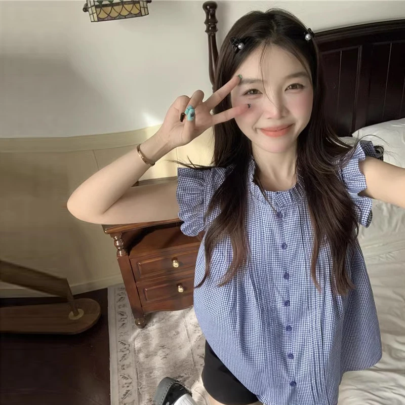 2728法式小飞袖蓝色格子衬衫秋新款小众设计感无袖别致娃娃衫