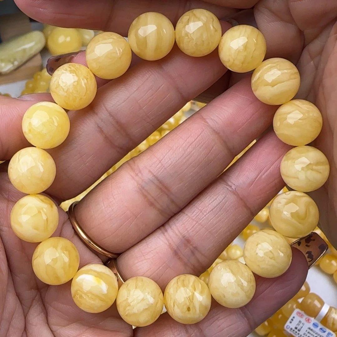 蜜蜡手链未镶嵌奶咖妖花圆珠手串