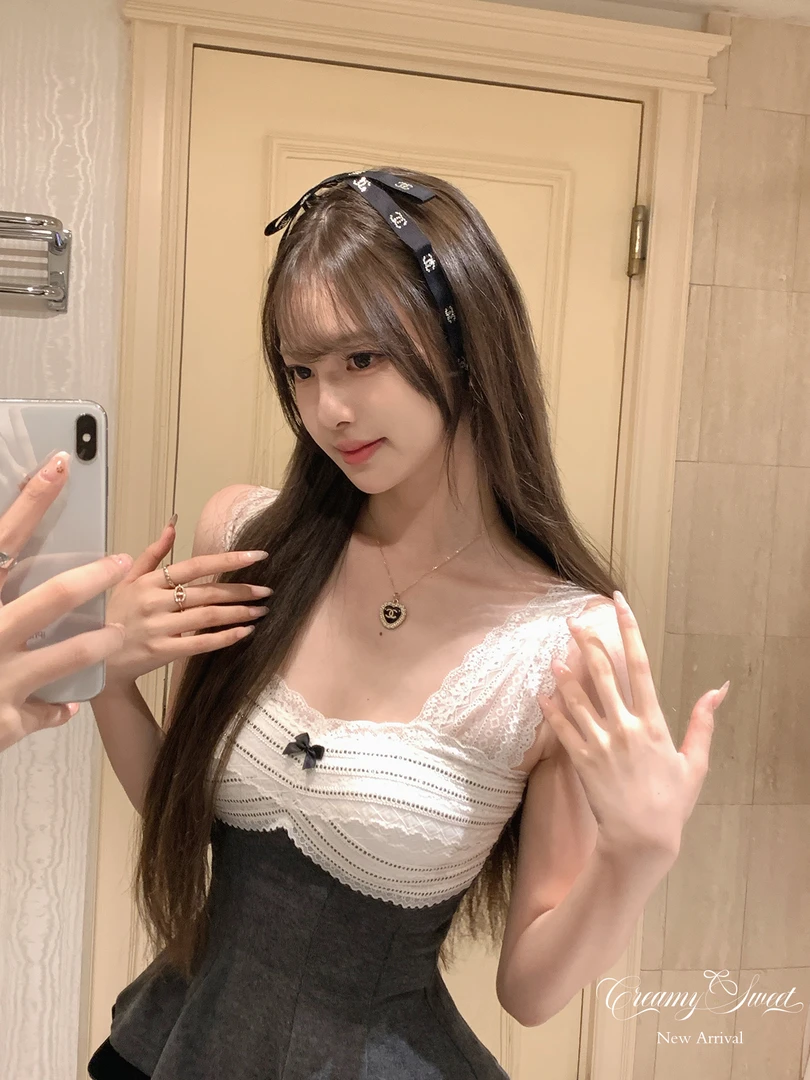 vintage挚爱 独家撞色蕾丝拼接吊带女甜美蝴蝶结上衣