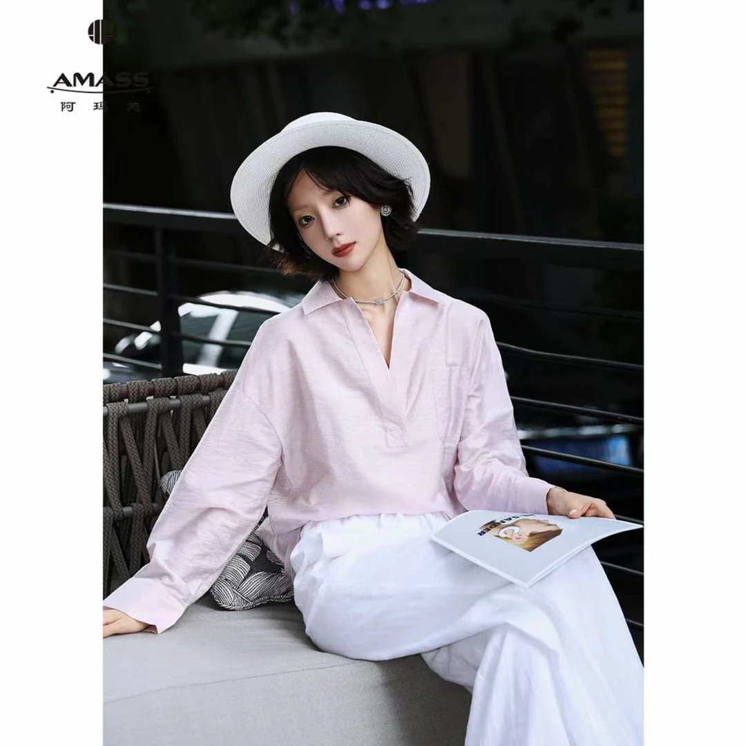 AMASS/阿玛施夏日防晒舒适薄衬衣百搭慵懒风翻领衬衫女530074