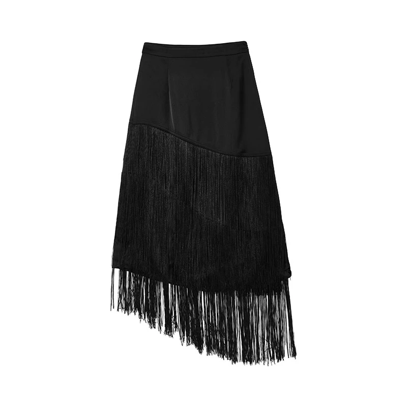 【小花专属】极简风不对称缎面流苏半身裙N2302