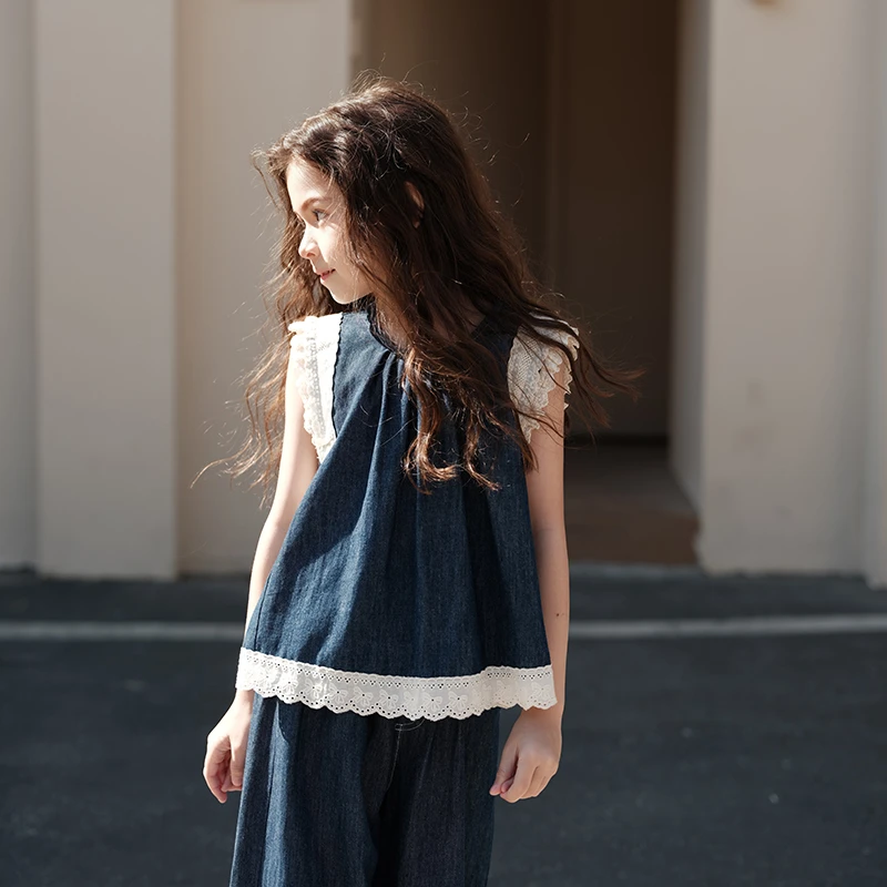 史豌豆女童牛仔花边上衣裤子套装 Y4119