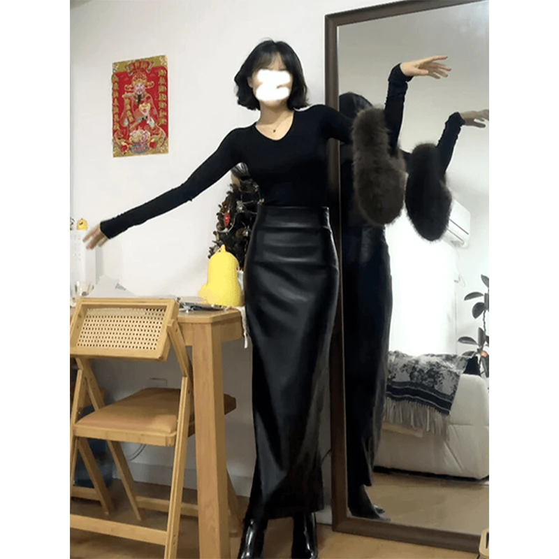 黑色性感高腰开叉pu皮半身裙女春季新款设计感修身包臀中长款裙子