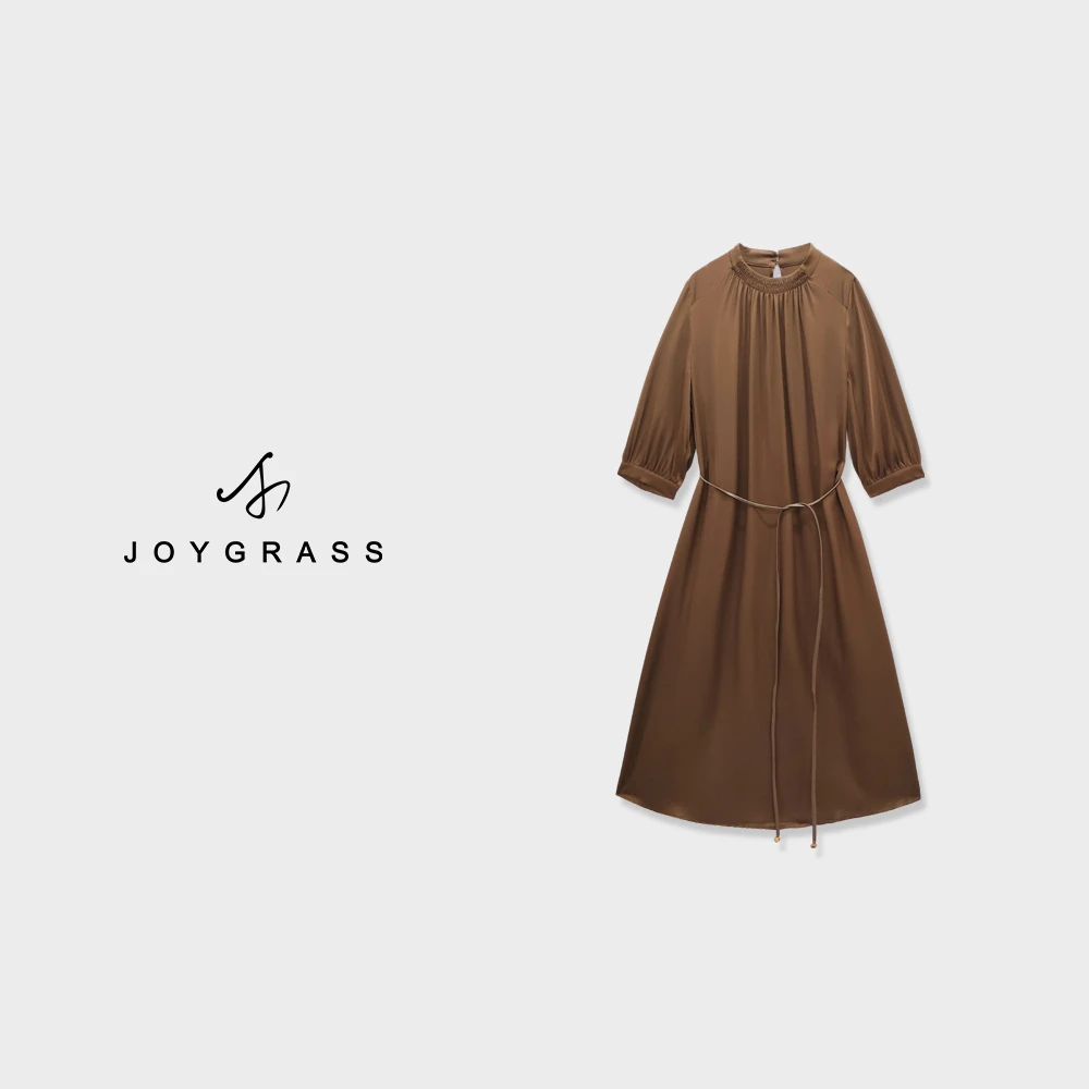 收腰设计师细带长裙简约常规百搭复古休闲气质连衣裙L-05305