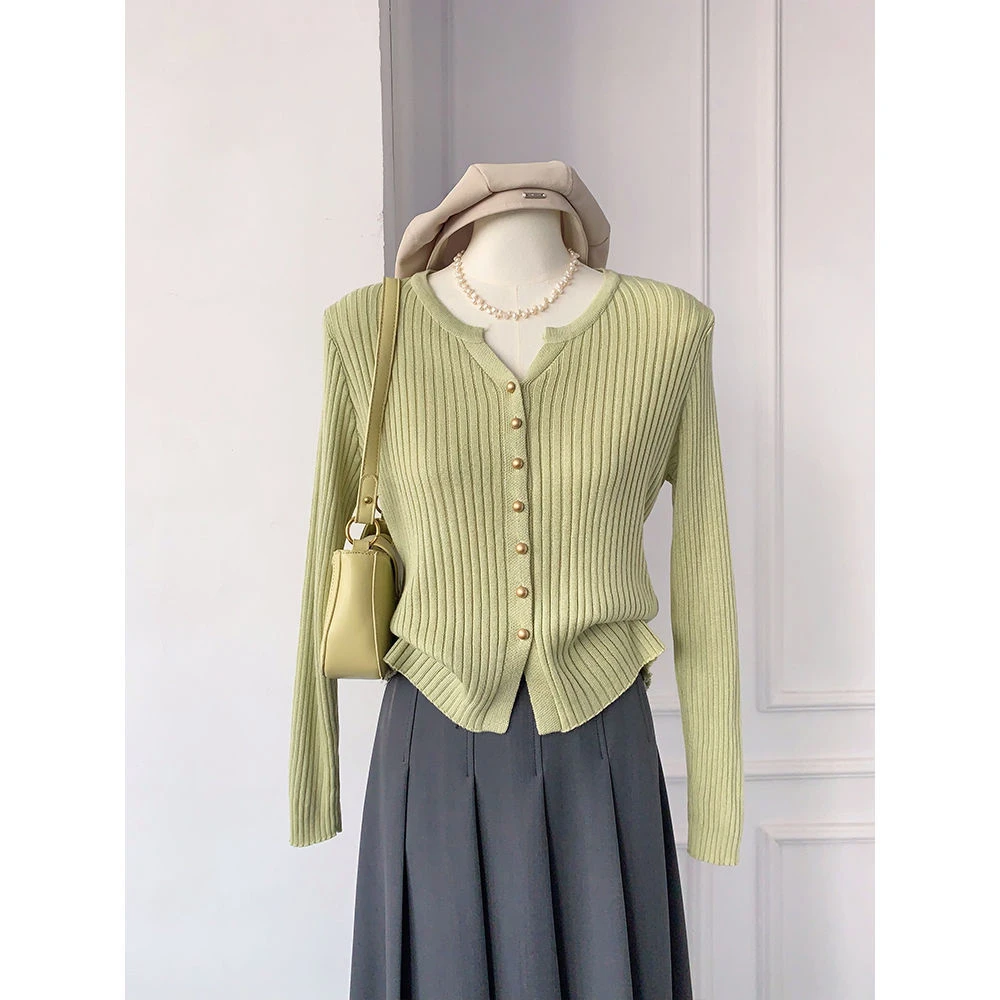 韩系温柔风气质V领纯色针织开衫秋季时髦显瘦绝美长袖短款小衫女