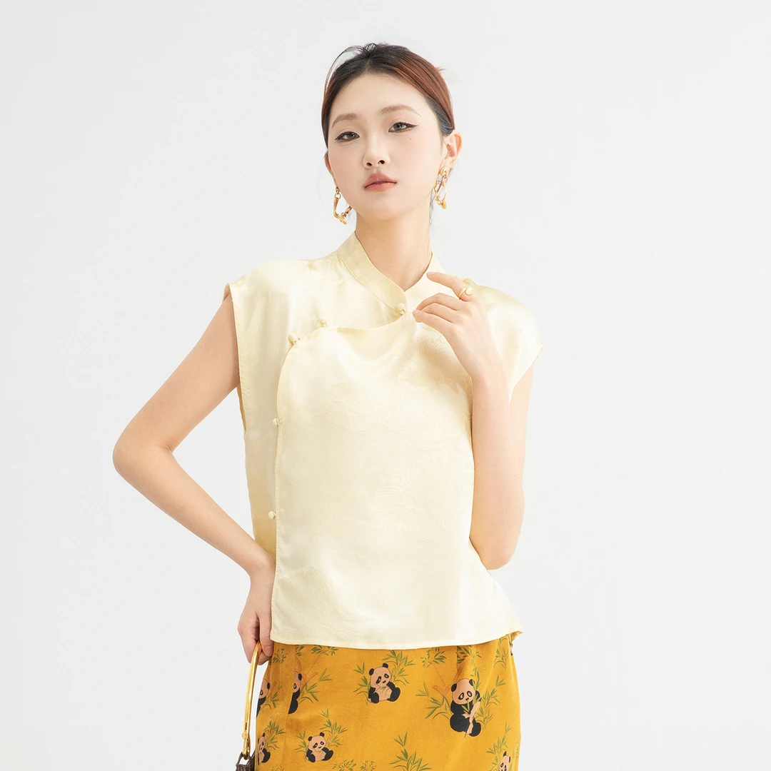 【100桑蚕丝】（金丝荷韵）提花国风春夏上衣新中式短袖真丝立领上衣