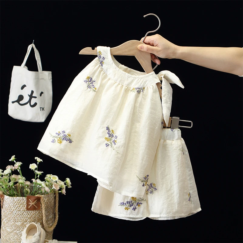 女童夏季吊带套装2025新款洋气宝宝儿童冰丝短袖短裤两件套小女孩