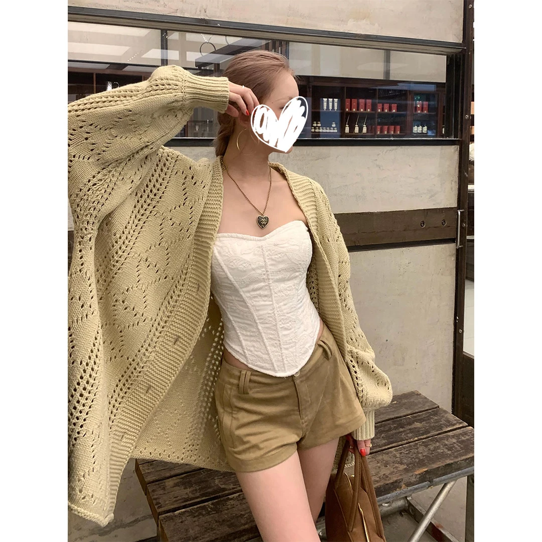 小众慵懒感别致钩花V领宽松开衫外套女2025早秋百搭宽松显瘦上衣