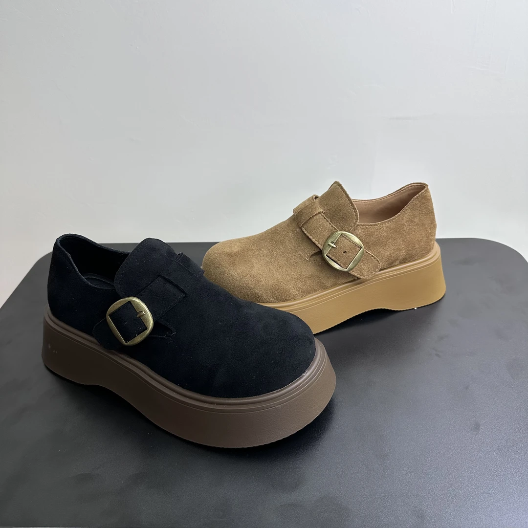 B011一脚蹬皮鞋厚底百搭舒适时尚单鞋黑色乐福鞋松糕底秋季圆头